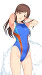 armpits arms_behind_back arms_up breasts brown_eyes brown_hair competition_swimsuit cowboy_shot eyebrows_visible_through_hair head_tilt idolmaster idolmaster_cinderella_girls idolmaster_cinderella_girls_starlight_stage long_hair looking_at_viewer medium_breasts mibu_natsuki nitta_minami one-piece_swimsuit open_mouth simple_background smile solo splashing swimsuit water wet white_background 