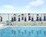  6+girls brown_hair child kiyo_(kyokyo1220) multiple_girls one-piece_swimsuit outside school_swimsuit standing swimsuit water waterpool 