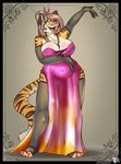  absurd_res anthro arm_warmers bagelcollector big_breasts breasts clothed clothing fangs feline female fur hair hi_res huge_breasts jewelry mammal necklace open_mouth simple_background slightly_chubby smile solo standing stripes teeth tiger wide_hips 
