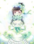  alternate_hairstyle bangs black_hair blush bouquet bow bridal_veil bride choroko_(osomatsu-san) covered_mouth cowboy_shot dress earrings ekita_xuan elbow_gloves eyebrows eyebrows_visible_through_hair flower frills glasses glint gloves green_bow green_eyes green_flower green_ribbon green_rose hair_bun hair_flower hair_ornament hands_clasped holding holding_bouquet interlocked_fingers jewelry lens_flare light_particles looking_at_viewer motion_blur osomatsu-san own_hands_together petals ribbon rimless_eyewear rose solo veil wedding_dress white_background white_dress white_flower white_rose 