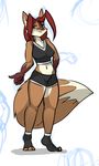  anthro bagelcollector canine clothed clothing female fox fur hair looking_at_viewer mammal navel simple_background solo standing 