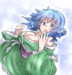  blue_eyes blue_hair breasts cleavage drill_hair head_fins japanese_clothes kimono large_breasts mermaid monster_girl obi off_shoulder open_mouth ototobe sash sketch solo touhou wakasagihime 