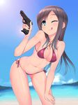  1girl a9b_(louis814) bikini federica_n_doglio green_eyes long_hair pistol red_bikini strike_witches swimsuit wink 