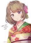  1girl 2019 artist_name bangs closed_mouth commentary_request eyebrows_visible_through_hair floral_print flower green_eyes hair_flower hair_ornament happy_new_year idolmaster idolmaster_cinderella_girls japanese_clothes kimono looking_at_viewer meto31 mole mole_under_eye new_year obi pink_flower print_kimono red_kimono sash short_hair smile solo takagaki_kaede upper_body 