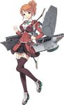  aquila_(kantai_collection) bow_(weapon) breasts brown_eyes brown_hair full_body garter_straps hair_ornament hairclip jiji kantai_collection large_breasts machinery miniskirt official_art skirt smile solo thighhighs transparent_background waving wavy_hair weapon zettai_ryouiki 