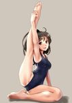  armpits barefoot blush brown_eyes brown_hair feet flexible full_body katahira_masashi leg_up long_hair looking_at_viewer one-piece_swimsuit open_mouth original plantar_flexion ponytail simple_background smile solo stretch swimsuit 