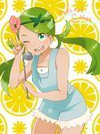  1girl apron green_eyes green_hair ladle looking_at_viewer mao_(pokemon) open_mouth pokemon pokemon_sm smile solo tagme v wink 