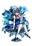 blue_eyes blue_hair bow bowtie breasts cirno danmaku detached_collar dress elbow_gloves flower formal gloves hair_bow high_heels highres ice ice_shoes ice_wings karlwolf looking_at_viewer older pantyhose sash shaded_face short_hair sitting small_breasts smile solo throne touhou white_legwear wings 