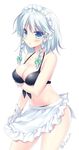  apron bikini blue_eyes blush braid breasts gloves hair_ribbon izayoi_sakuya large_breasts maid_headdress motomiya_mitsuki navel ribbon silver_hair simple_background solo swimsuit touhou twin_braids waist_apron white_gloves 