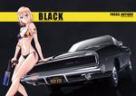  bikini blonde_hair blue_eyes car dodge dodge_charger ground_vehicle gun hamada_youho highres motor_vehicle on_vehicle original short_hair solo standing suppressor swimsuit tattoo weapon 