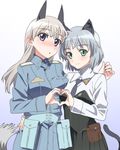  2girls animal_ears blush eila_ilmatar_juutilainen green_eyes kogarashi51 long_hair military_uniform multiple_girls pocket purple_eyes sanya_v_litvyak short_hair skirt strike_witches tail tie 