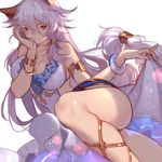 animal_ears armlet blush bracelet breasts brown_eyes cat_ears cleavage collarbone dress erune granblue_fantasy hair_between_eyes hair_tubes hand_on_own_cheek heles jewelry joseph_lee large_breasts long_hair looking_at_viewer lying on_side see-through silver_hair simple_background skindentation smile solo thighs very_long_hair white_background white_dress 