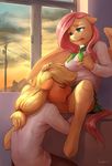  2016 anthro applejack_(mlp) audrarius blonde_hair blue_eyes clothed clothed_sex clothing cunnilingus drooling duo earth_pony equine eyes_closed female female/female fluttershy_(mlp) friendship_is_magic hair hi_res horse mammal my_little_pony oral pegasus pink_hair pony pussy saliva scarf sex sitting sweat table vaginal window wings 