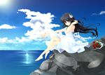  adjusting_hair bad_id bad_pixiv_id bare_shoulders barefoot bird bird_on_hand black_hair bouquet cloud copyright_request day dove dress feet flower hair_flower hair_ornament hatori_piyoko long_hair ocean outdoors purple_eyes red_flower red_rose rock rose sitting sky solo sun sundress sunlight water white_dress white_flower white_rose wind 