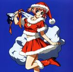  bag blue_eyes boots breasts christmas cleavage cleavage_cutout hair_ornament hairclip hat highres looking_at_viewer medium_breasts mezzo_danger_service_agency midriff official_art pink_hair santa_costume santa_hat shiny shiny_skin short_hair skirt smile solo suzuki_mikura twintails umetsu_yasuomi 