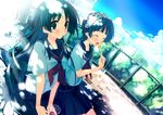  ^_^ black_hair blue_eyes blush closed_eyes dappled_sunlight day eating fisheye flower glass head_wreath kagome_(traumatize) long_hair mouth_hold multiple_girls outdoors sakugawa_school_uniform saten_ruiko school_uniform serafuku shade sitting skirt sky sunlight to_aru_kagaku_no_railgun to_aru_majutsu_no_index uiharu_kazari 