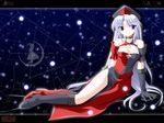 asymmetrical_clothes boots breasts choker cleavage dress earrings elbow_gloves gloves grey_eyes hat highres jewelry large_breasts long_hair mismatched_footwear nurse_cap side_b solo thighs touhou very_long_hair wallpaper white_hair yagokoro_eirin 
