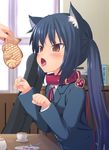  amamiya_minato animal_ears bad_id bad_pixiv_id black_hair blazer blush brown_eyes collar commentary_request drooling fang feeding food highres jacket k-on! long_hair nakano_azusa neck_ribbon open_mouth out_of_frame paw_pose red_ribbon ribbon school_uniform solo_focus taiyaki tongue twintails very_long_hair wagashi 