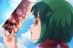  3girls cloud day face fire green_hair holding kutsuno macross macross_7 macross_frontier multiple_boys multiple_girls mylene_jenius nekki_basara open_mouth profile ranka_lee red_eyes short_hair sky sunlight 