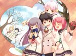  3girls akino_momiji artist_request black_hair blonde_hair blush chocolate gift glasses grey_hair harasaki_ryouma heart highres holding holding_gift kiriyama_keigo kiriyama_sakura long_hair multiple_boys multiple_girls pink_hair red_eyes sakura_musubi school_uniform sera_karen sera_kunihiko short_hair skirt thighhighs tree valentine wallpaper yellow_eyes 