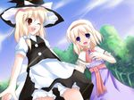  :d ;d alice_margatroid belt blonde_hair bloomers blue_dress blue_eyes blue_sky blush brown_eyes buttons capelet day desuno dress frills hat kirisame_marisa looking_at_viewer looking_back multiple_girls necktie one_eye_closed open_mouth outdoors red_neckwear sky smile tareme touhou underwear upskirt vest witch_hat 