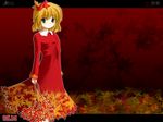  aki_shizuha blonde_hair female highres leaf leaves mahoraba short_hair side_b touhou wallpaper yellow_eyes 