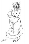  anthro areola bagelcollector belly big_belly big_breasts breasts clothed clothing ear_piercing eyewear feline female glasses huge_breasts looking_at_viewer mammal monochrome mostly_nude navel nipples overweight piercing simple_background smile solo standing tiger topless underwear white_background wide_hips 