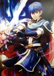  armor blue_eyes blue_hair cape fingerless_gloves fire_emblem fire_emblem:_monshou_no_nazo fire_emblem_cipher gloves glowing glowing_weapon highres holding holding_weapon jewelry looking_at_viewer male_focus marth official_art serious short_sleeves solo sword tiara wada_sachiko weapon 