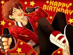  artist_name black_gloves boots brown_hair collarbone ensemble_stars! fingerless_gloves gloves happy_birthday highres jacket male_focus microphone morisawa_chiaki one_eye_closed open_mouth polka_dot polka_dot_background ponsu_(ponzuxponzu) red_eyes smile solo white_footwear 