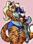  anthro bagelcollector canine clothed clothing duo ear_piercing feline female hug larger_female male male/female mammal one_eye_closed overweight piercing simple_background size_difference smile stripes teeth thick_thighs tiger 