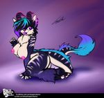 anthro areola bagelcollector big_breasts breasts butt dragon ear_piercing feline female fur hair hybrid kneeling mammal nipples piercing simple_background smile solo thick_thighs 