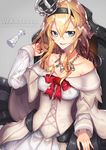  blonde_hair blue_eyes braid breasts character_name chess_piece cleavage crown dress english french_braid hair_between_eyes highres jewelry kantai_collection large_breasts long_hair mini_crown necklace off-shoulder_dress off_shoulder queen_(chess) ribbon sitting smile solo warspite_(kantai_collection) yakusuke 