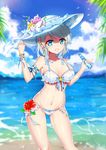  beach bikini blue_eyes bottle day flower hat hibiscus highres isy love_live! love_live!_sunshine!! multi-strapped_bikini ramune short_hair silver_hair solo standing sun_hat swimsuit watanabe_you 