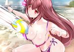  areola_slip areolae beach beach_volleyball bikini blush boat bracelet breasts cleavage fate/grand_order fate_(series) flower hair_flower hair_ornament hibiscus highres inconvenient_breasts jewelry large_breasts long_hair midriff navel ocean purple_hair red_eyes sailboat scathach_(fate)_(all) scathach_(swimsuit_assassin)_(fate) scrunchie side-tie_bikini solo surprised swimsuit syntier13 volleyball wardrobe_malfunction watercraft wrist_scrunchie 