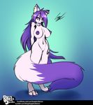  anthro areola bagelcollector big_breasts breasts canine ear_piercing featureless_crotch female fox mammal navel nipples nude piercing simple_background solo standing wide_hips 