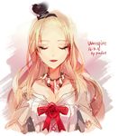  2016 alternate_hairstyle artist_name bare_shoulders blonde_hair character_name closed_eyes corset crown dated dress flower forehead hairband heart heart_necklace highres jewelry kantai_collection long_hair mini_crown necklace off_shoulder open_mouth predict red_flower red_ribbon red_rose ribbon rose smile solo upper_body warspite_(kantai_collection) white_dress 