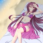 beach beach_towel bikini blush breasts fate/grand_order fate_(series) flower hair_flower hair_ornament hand_on_forehead heart_ring_top hibiscus highres leg_garter long_hair looking_at_viewer lying medium_breasts midriff navel niku114514810 ocean on_back purple_hair red_eyes sarong scathach_(fate)_(all) scathach_(swimsuit_assassin)_(fate) shadow smile solo sparkle swimsuit towel very_long_hair 