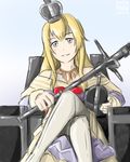  admiral_paru blonde_hair blue_eyes commentary crossed_legs crown dress english_commentary globus_cruciger kantai_collection long_hair mini_crown orb scepter sitting smile smug solo thighhighs throne warspite_(kantai_collection) 