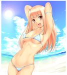  armpits arms_behind_head arms_up beach bikini blonde_hair brown_eyes cloud covered_nipples day horizon kakogawa_tarou long_hair looking_at_viewer navel open_mouth original solo sun swimsuit 