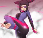  barefoot biker_clothes bikesuit black_hair bodysuit breasts drill_hair eyepatch feet fingerless_gloves gloves han_juri kuroonehalf large_breasts leg_up looking_at_viewer nail_polish print_eyepatch purple_bodysuit purple_eyes rain smile soles solo street_fighter street_fighter_v toeless_legwear toenail_polish toes twin_drills wet 