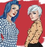  2girls alternate_costume alternate_hairstyle blue_eyes blue_hair bow_print eyeliner fairy_tail juvia_loxar lipstick lisanna_strauss long_sleeves looking_at_viewer multiple_girls over_shoulder pixie_cut polka_dot polka_dot_shirt red red_lipstick victory_rolls white_hair 