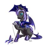  armor bat_pony blue_eyes fur grey_fur guard hair hooves male membranous_wings moenkin my_little_pony purple_hair simple_background sitting smile solo wings 