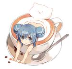  bangs blue_eyes blue_hair cappuccino_(drink) coffee coffee_beans crossed_bangs cup double_bun from_above gochuumon_wa_usagi_desu_ka? highres in_container in_cup kafuu_chino kirarin369 long_hair looking_up minigirl nude open_mouth outstretched_arms partially_submerged saucer solo spoon teacup tippy_(gochiusa) 