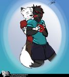  &lt;3 anthro bagelcollector canine clothed clothing duo eyes_closed fur hair hug male male/male mammal simple_background smile standing 