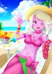  ;d alternate_costume armband banana beach blue_sky chair cherry cloud day drink drinking_straw error eyebrows_visible_through_hair flower food fruit fruit_bowl hat highres jewelry league_of_legends lei long_hair midriff nanabe navel necklace one_eye_closed open_mouth orange order_of_the_banana_soraka outdoors palm_tree pineapple pineapple_slice pointy_ears ponytail purple_eyes purple_skin sitting sky smile solo soraka straw_hat summer sun_hat table tree water white_hair wristband 