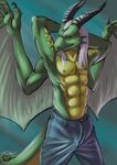  2016 abs anthro armpits biceps clothing dragon hair horn invalid_color jaken_wolfy looking_at_viewer male muscular muscular_male nipples nude pecs reptile scalie simple_background solo wings 