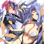  blue_hair blush breasts busou_shinki cleavage commentary_request eukrante eyebrows eyebrows_visible_through_hair fingernails green_eyes headband headgear ianeira large_breasts lips long_fingernails looking_at_viewer magaki_ryouta mecha_musume mechanical_wings multiple_girls navel one_eye_closed pink_hair red_eyes stomach twintails upper_body white_background wings 