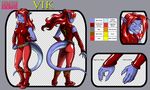  alien belt blue_skin boots breasts clothing fangs female footwear hair legwear long_ears model_sheet non-mammal_breasts predaguy prehensile_tail red_hair skintight_suit smile tights vik 