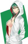  :&lt; borrowed_character bottomless breasts center_opening cleavage collarbone commentary_request green_eyes green_hair hands_in_pockets highres hood hoodie looking_at_viewer medium_breasts naked_hoodie navel onineko-chan original sidelocks solo unzipped upper_body 