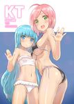  bikini blue_eyes blue_hair breasts green_eyes koumo long_hair medium_breasts multiple_girls navel open_hand original pink_hair short_hair small_breasts standing swimsuit very_long_hair 